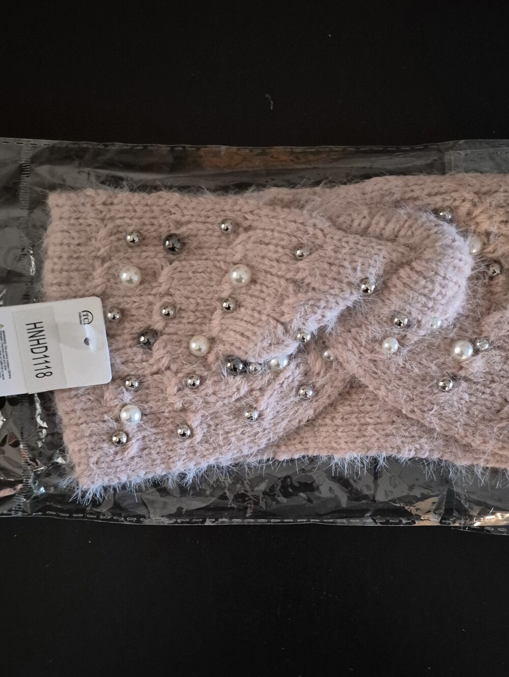 Women’s Pink Pearl-Embellished Knit Headband